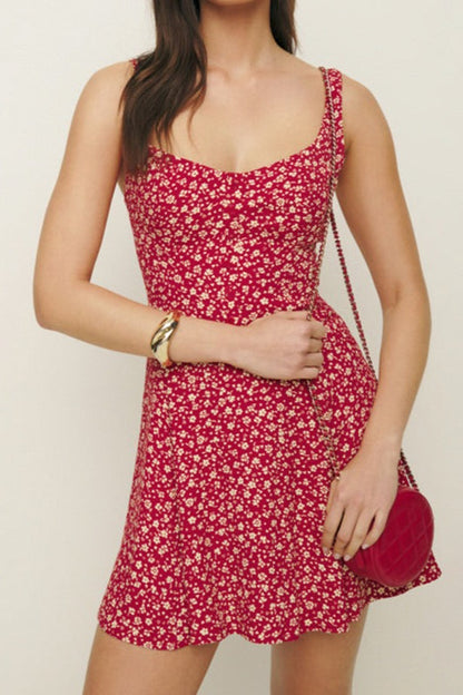 Square Neck Backless Strap A Line Floral Dress
