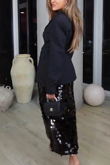 Chic Holiday Look Large Sequins High Rise Zipper Waist Slit Maxi Skirt