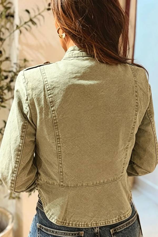 Napoleon Style Denim Vintage Woven Metal Button Stand Neck Long Sleeve Jacket