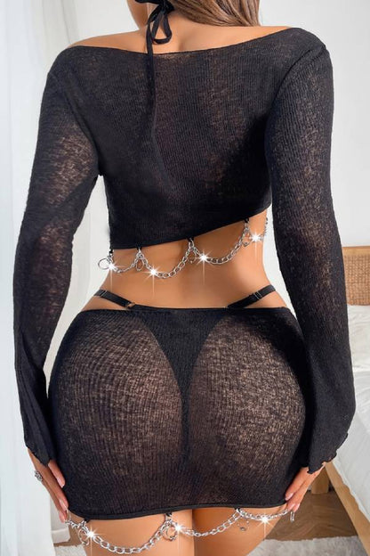 Chain-Decorated Sheer Knit Two-Piece Set