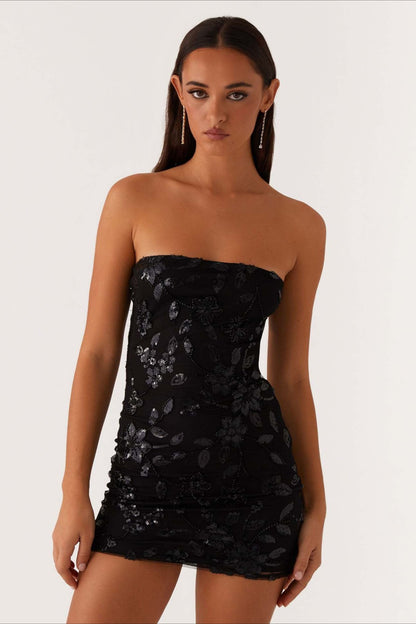 Strapless Sequin Embroidery Bodycon Mini Floral Dress
