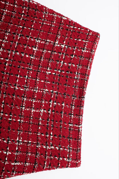 Padded Shoulder Tweed Two Piece Blazer Skirt Set