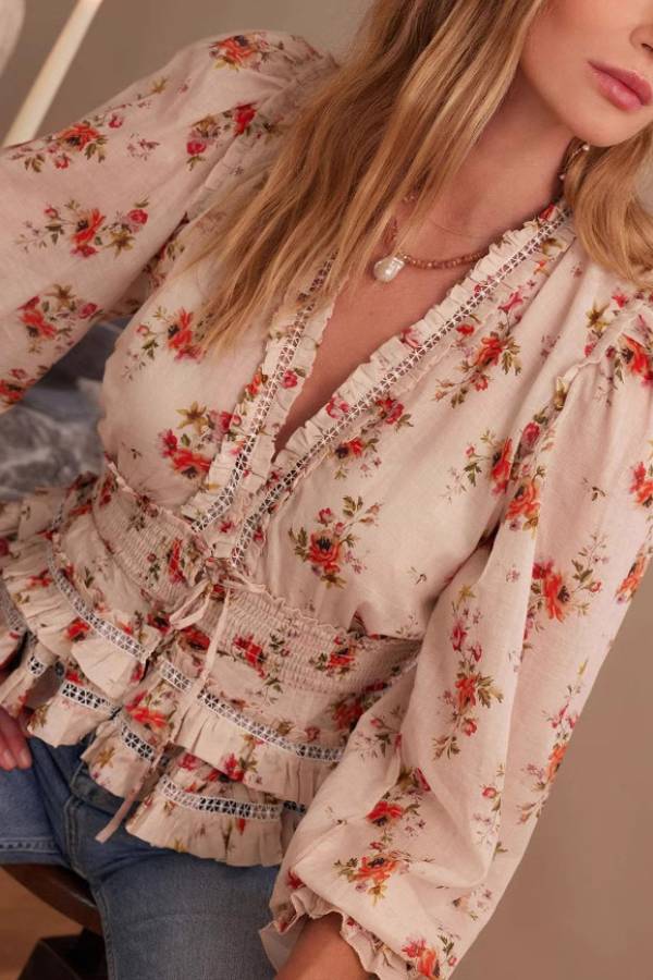 V-Neck Floral Print Waist-Cinched Ruffle Blouse