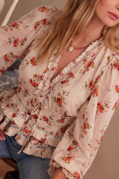 V-Neck Floral Print Waist-Cinched Ruffle Blouse