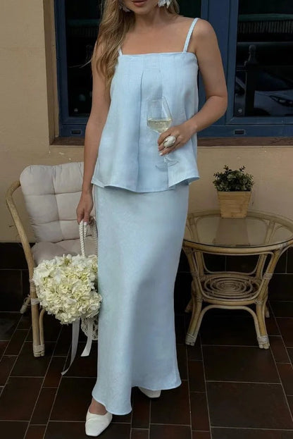 Linen Blend Loose Square Neck Camisole Top and Elegant Resort Maxi Skirt Set