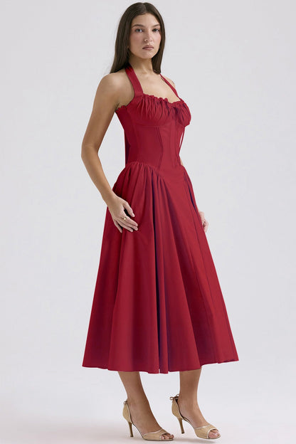 Floral Halter Lace Trim Long Sleeveless Prom Dress