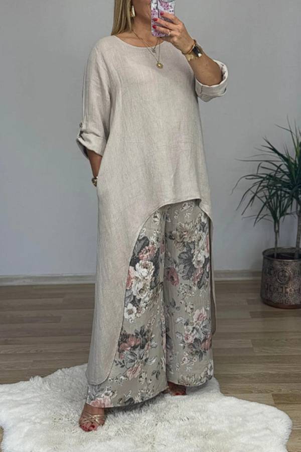 Irregular Linen Tunic & Vintage Floral Wide Leg Pant 2-Piece Set