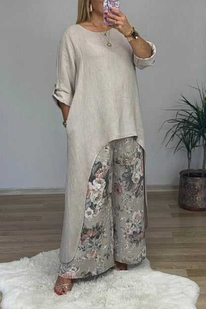 Irregular Linen Tunic & Vintage Floral Wide Leg Pant 2-Piece Set