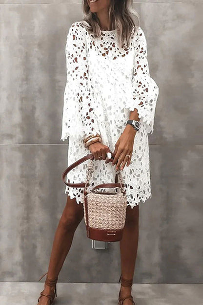 Floral Crochet Lace Bell Sleeve Scalloped Hem Mini Dress