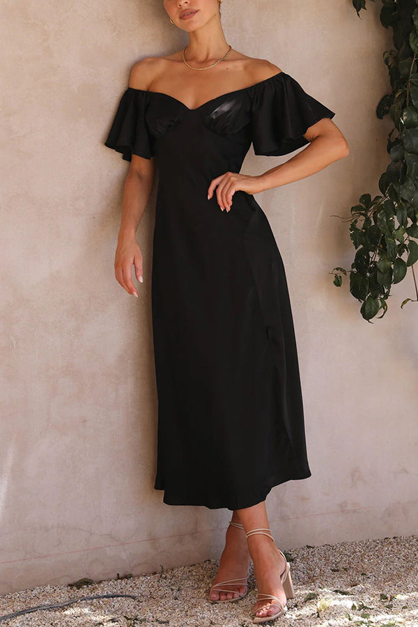 Satin Off Shoulder Flutter Sleeve Sweetheart Ruched Side Slit Midi Dress
