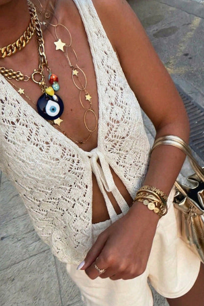 Cutout Knit V Neck Tie Front Casual Tank Top
