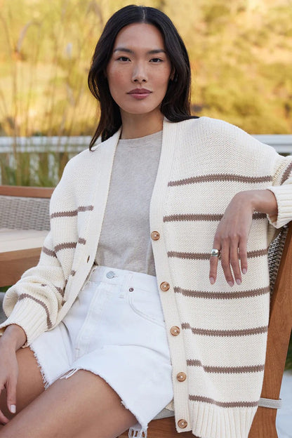 Cotton Stripe V Neck Cardigan