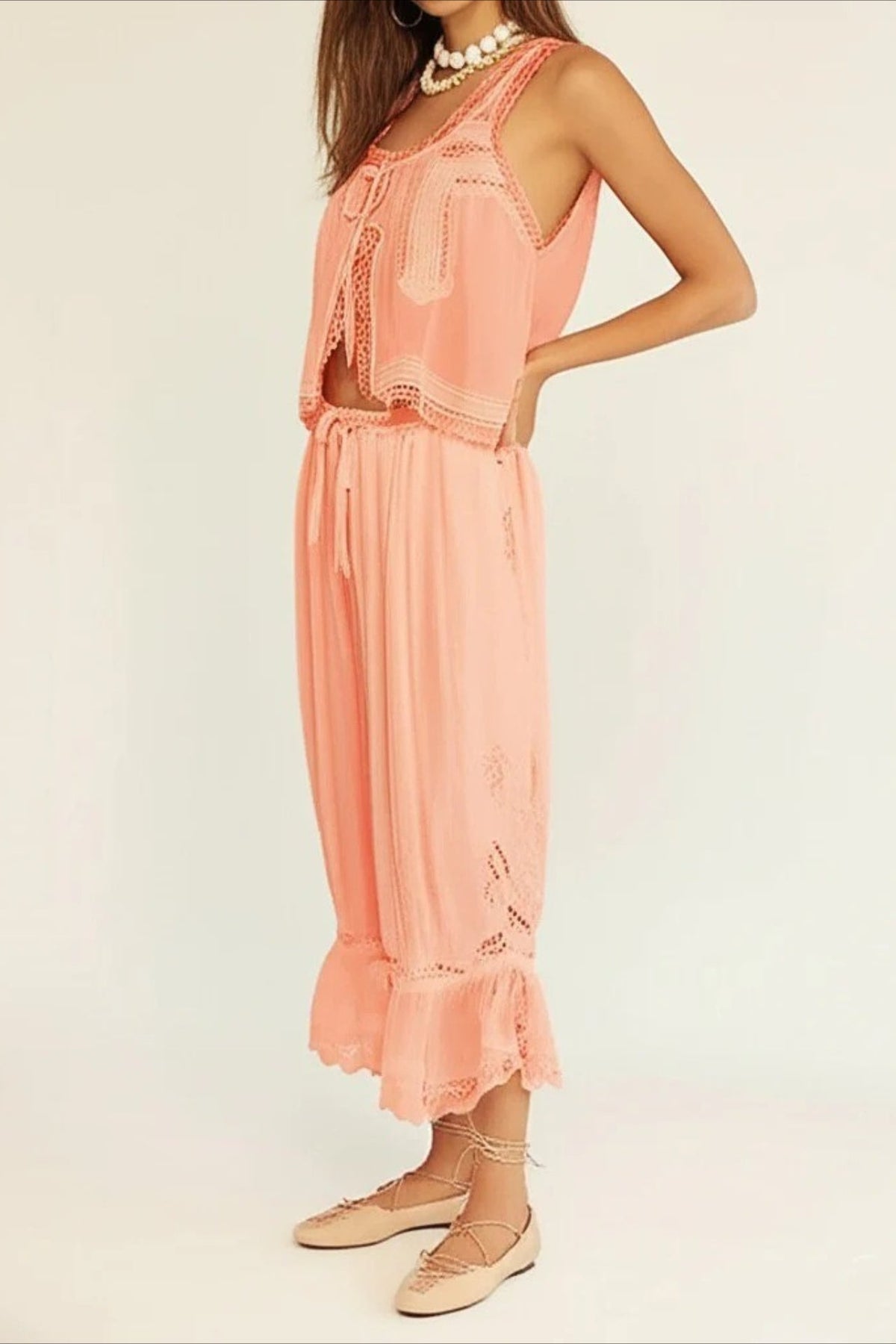 Patchwork Lace Sleeveless Top Boho Pants Set