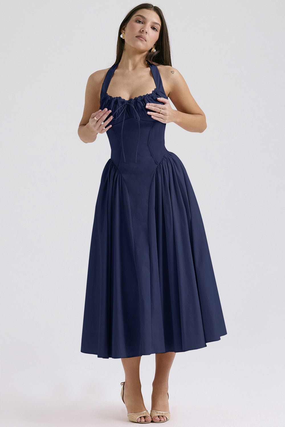 Floral Halter Lace Trim Long Sleeveless Prom Dress