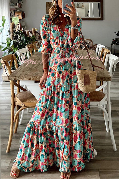 Abstract Floral Print Drawstring Waist Tiered Blouson Sleeve Maxi Dress