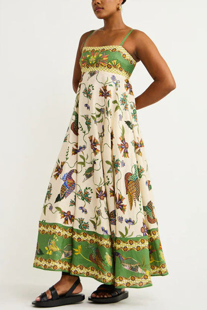 Bird Print Border Hem Spaghetti Strap Fit and Flare Pocket Maxi Dress