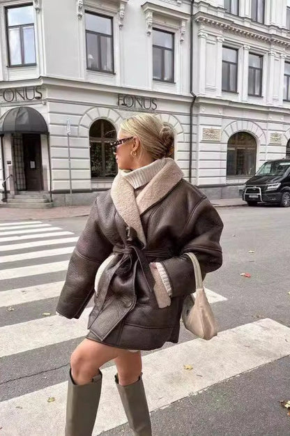Tie Waist Padded Faux Leather Coat