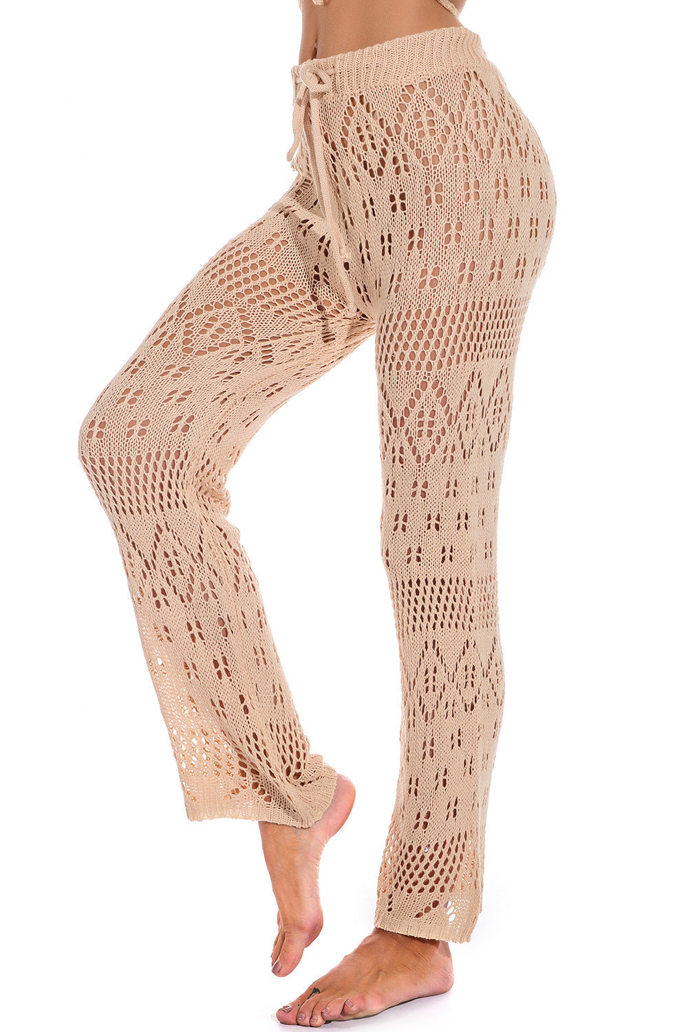 Multi-Color Hollow Crochet Drawstring Waist Wide Leg Beach Pants