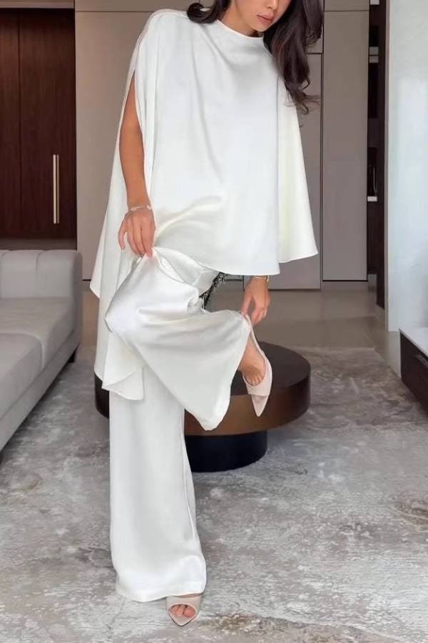 Luxury Satin Cape Top Wide Leg Pants Two Piece Set