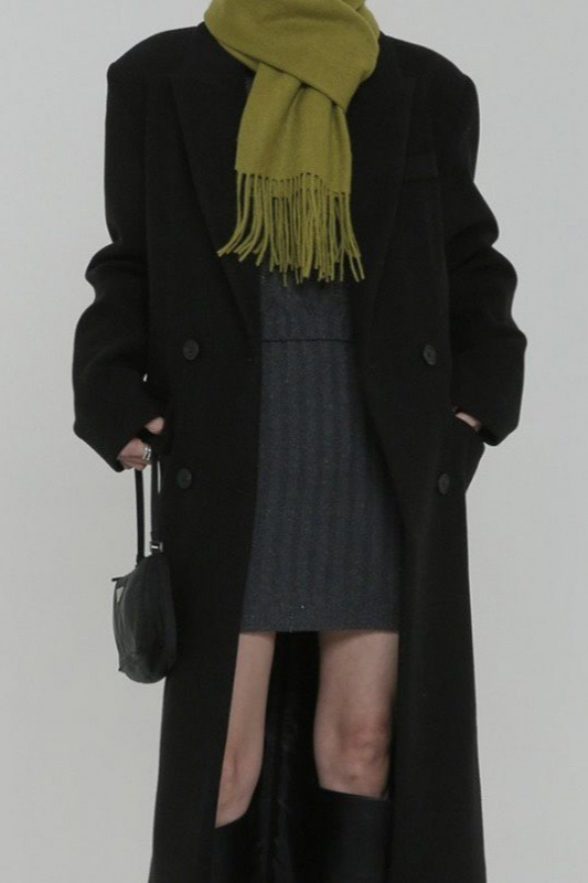 Thick Black Wool Blend Regular Shoulder Loose Overcoat