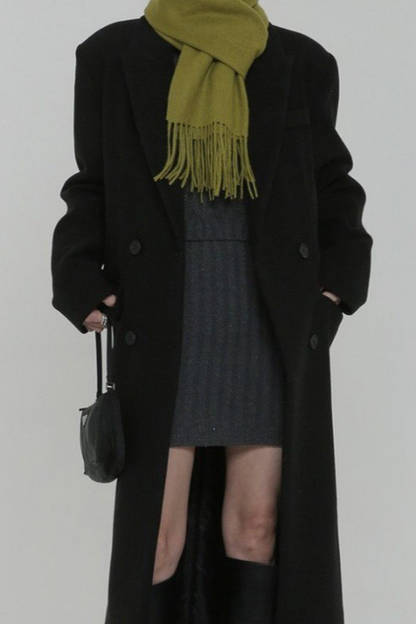 Thick Black Wool Blend Regular Shoulder Loose Overcoat