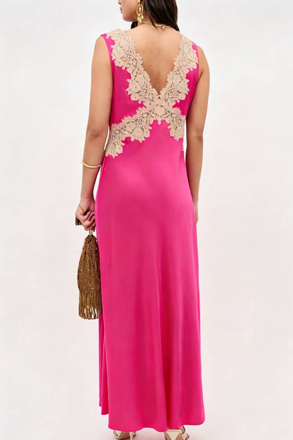 A Little Sultry Satin Floral Lace Trim V-neck Sleeveless Drape Maxi Dress