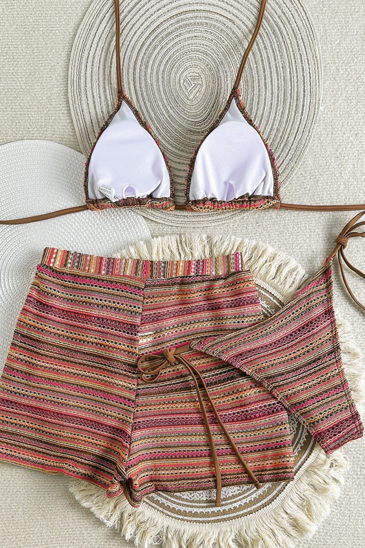 Halter Knit Colorblock Beach Shorts Three Piece Swim Set