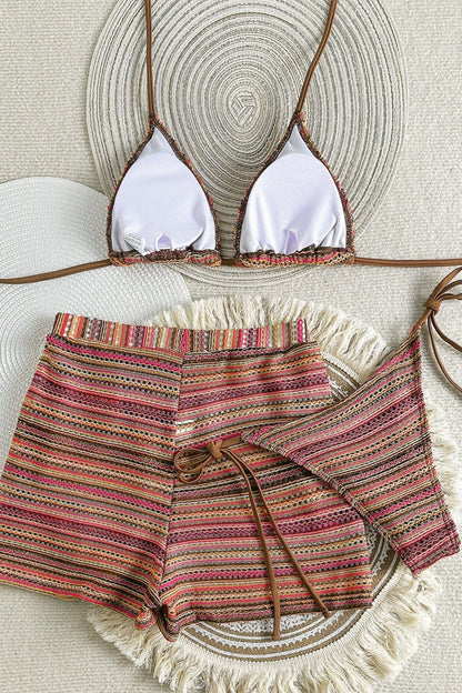 Halter Knit Colorblock Beach Shorts Three Piece Swim Set