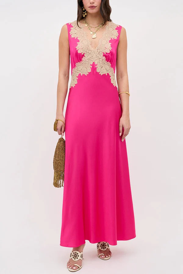 A Little Sultry Satin Floral Lace Trim V-neck Sleeveless Drape Maxi Dress