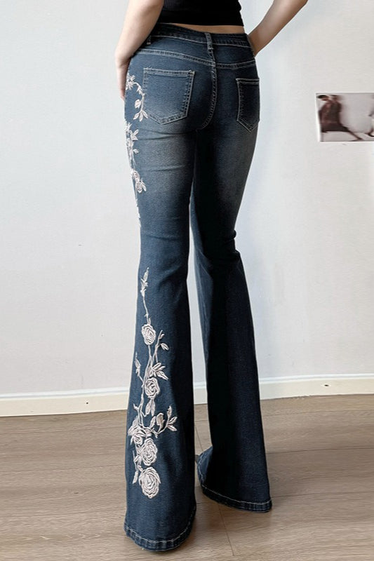 Rose Embroidered Low Rise Flare Leg Jeans