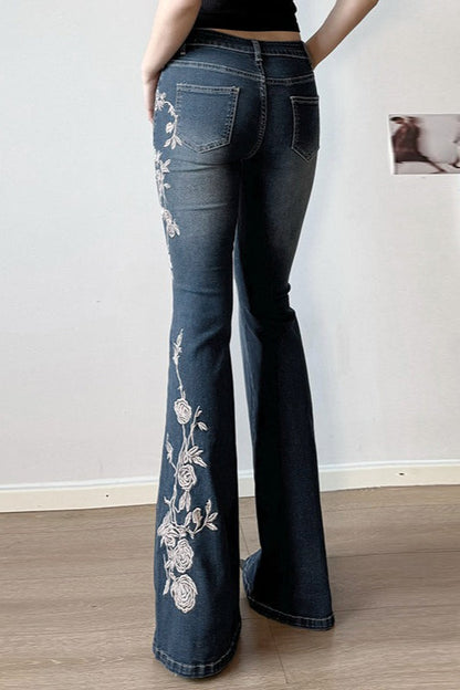 Rose Embroidered Low Rise Flare Leg Jeans