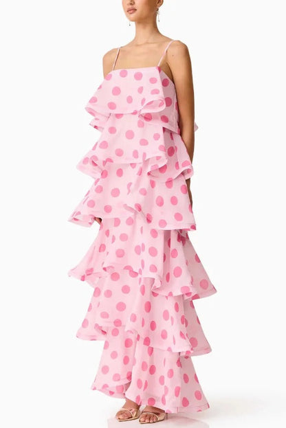 Polka Dot Print Layered Square Neck Suspender Casual A-line Maxi Dress