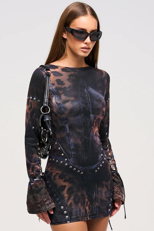 Fitted Crew Neck Printed Long-Sleeve Bodycon Dress