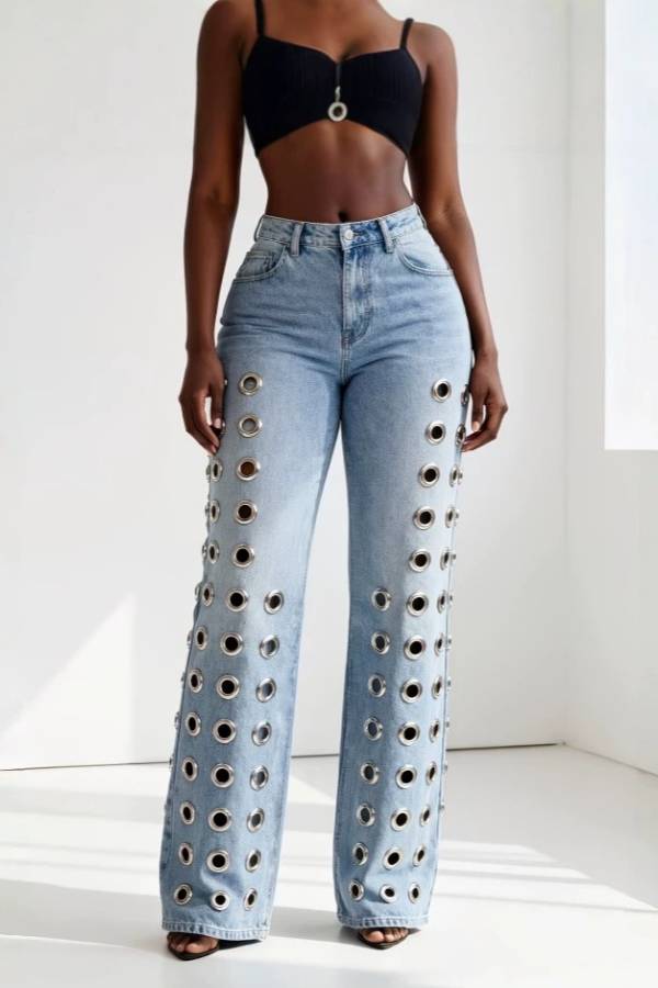 High‑Rise Metal Eyelet Decor Flare Jeans