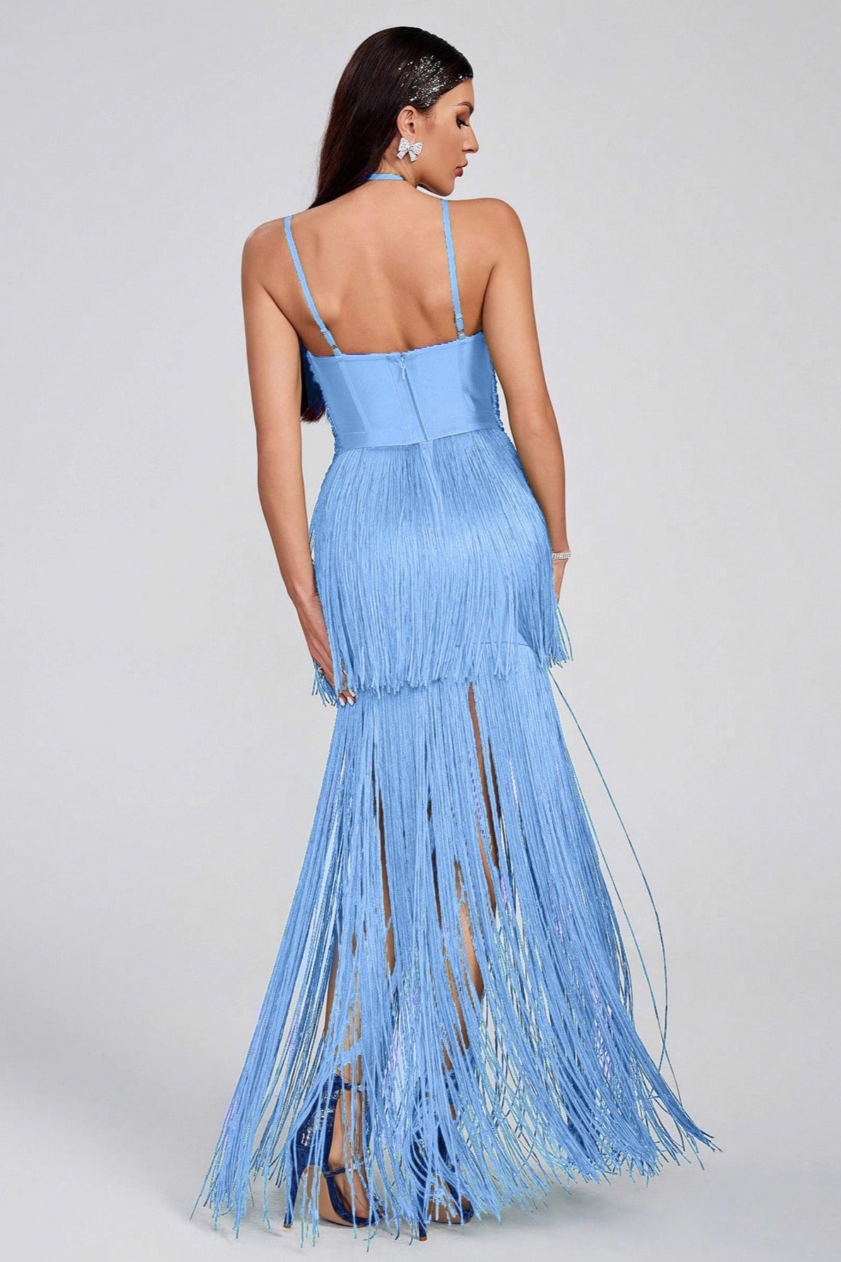 Halter Sling Maxi Fringe Hem Cocktail Dress