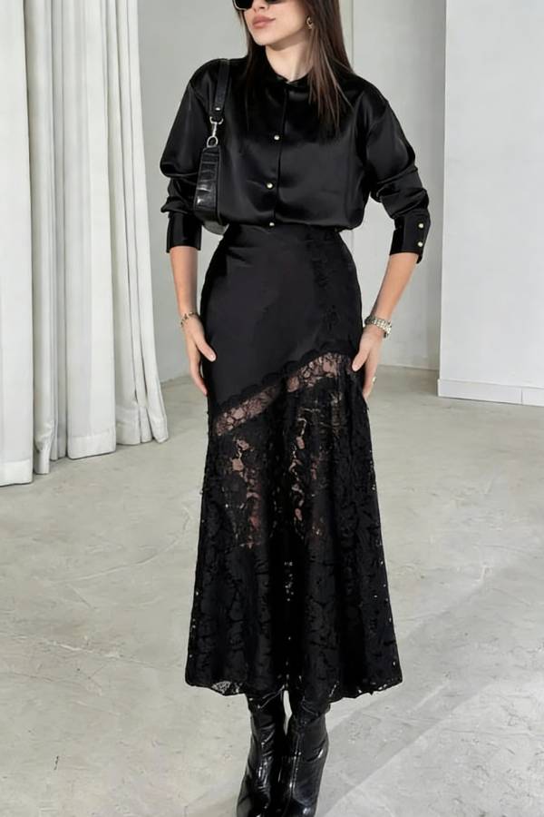 Solid Color Silk Satin and Lace Spliced elegant Maxi Skirt