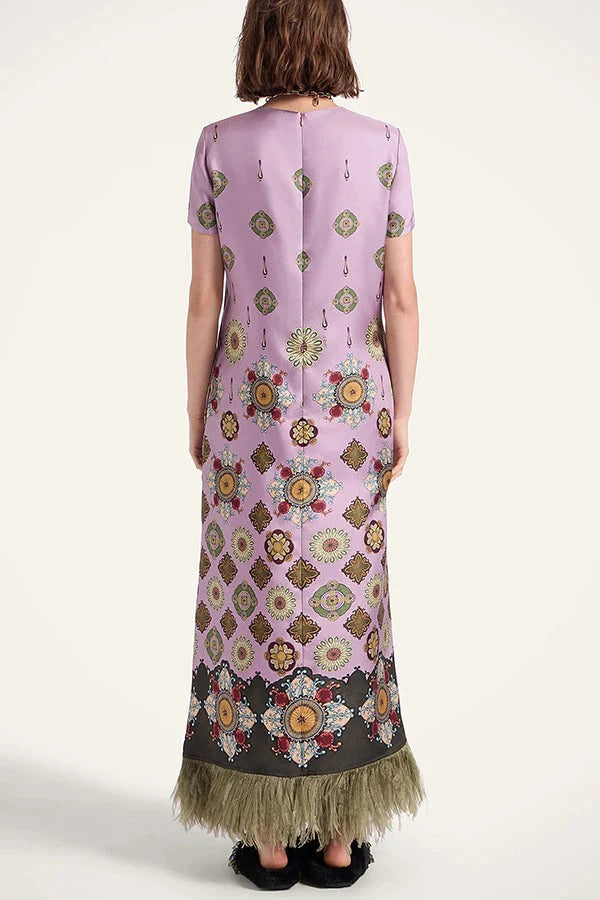 Lucia Satin Baroque Court Style Printed Short Sleeve Pocket Feather Trim Maxi Dress