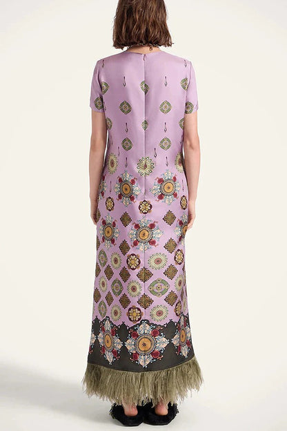 Lucia Satin Baroque Court Style Printed Short Sleeve Pocket Feather Trim Maxi Dress