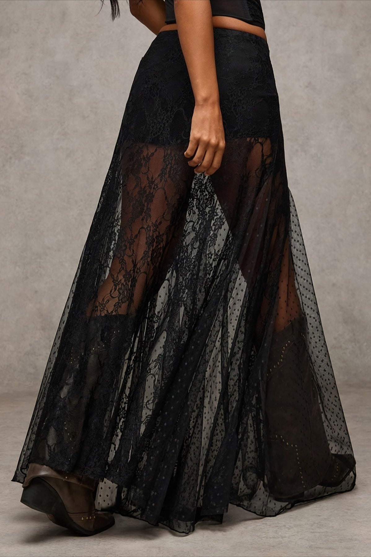 Lace Print Sheer Low Waist Maxi Boho Skirt