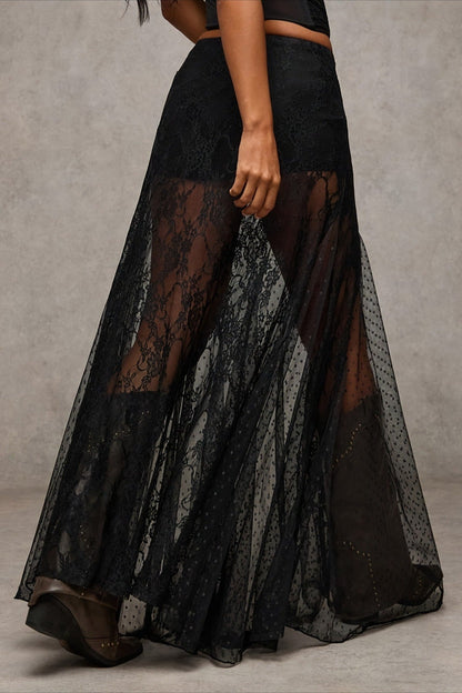 Lace Print Sheer Low Waist Maxi Boho Skirt