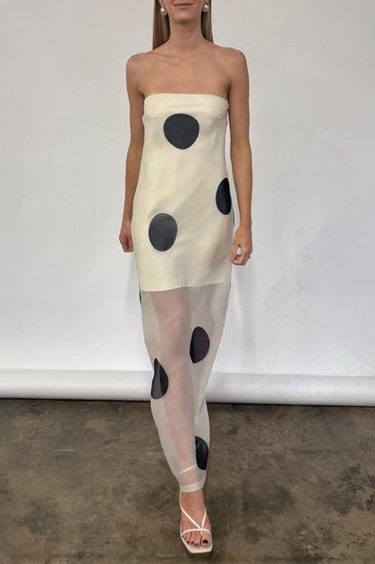 Polka Dot Strapless Sheer Overlay Bodycon Maxi Dress