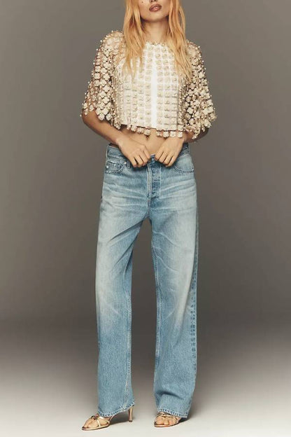 Heavy Craft 3D Daisy Pearl Sheer Mesh Cropped Cover Up Top