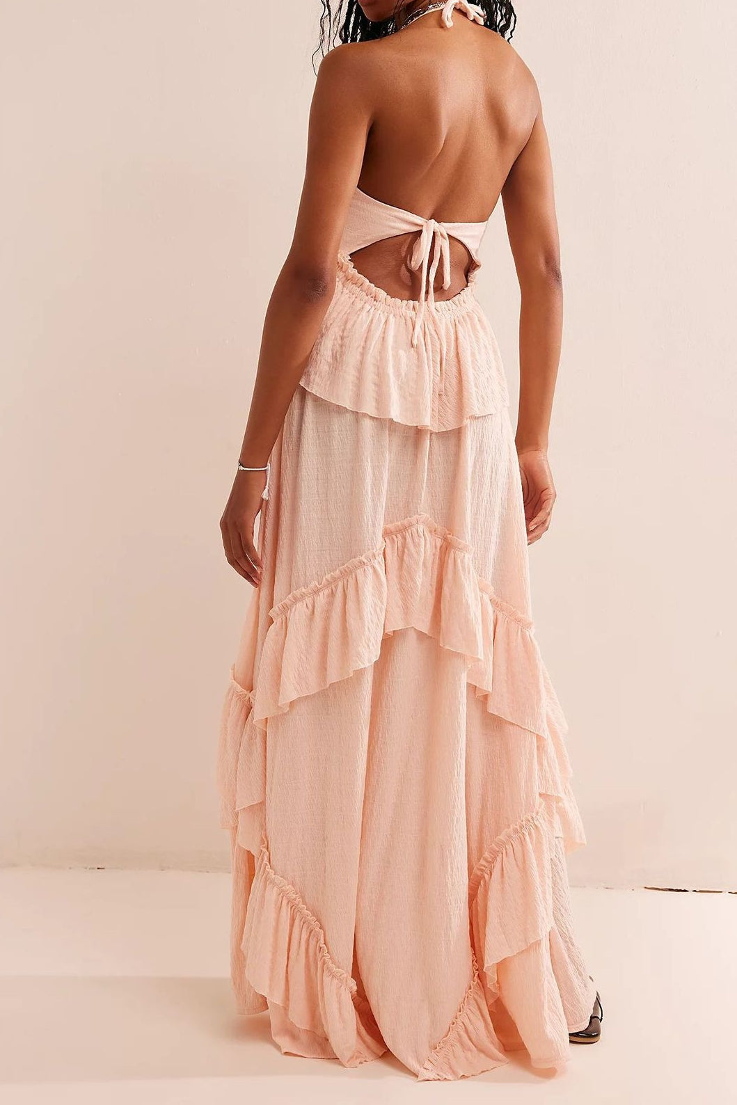 Solid Backless Ruffle Patchwork Boho Dress