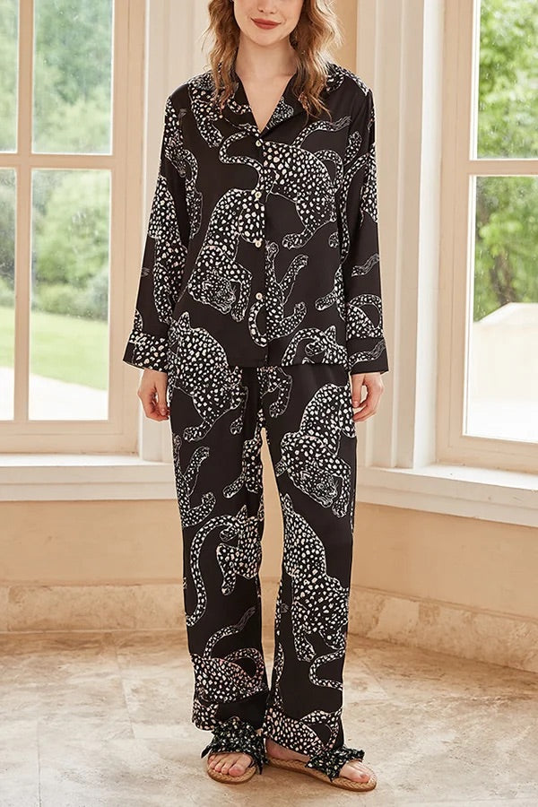 Black Jaguar Print Home Long-sleeved Two-piece Set