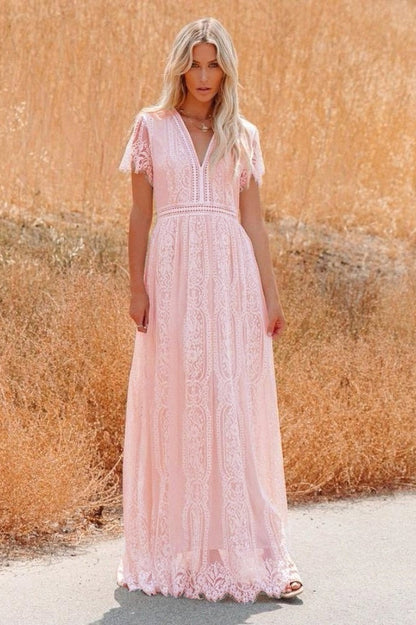 Lace V Neck Short Sleeve Hollow Out Boho Dress