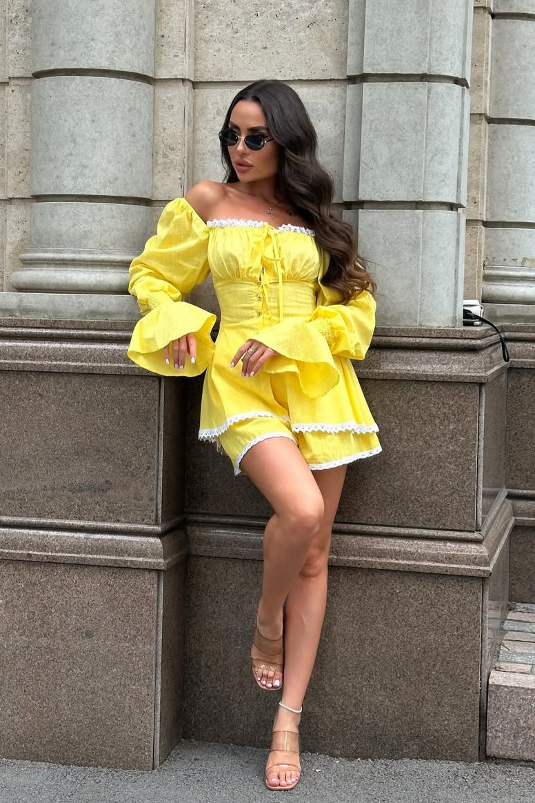 Lantern Sleeve Lace Up Off Shoulder Top Two Piece Shorts Set