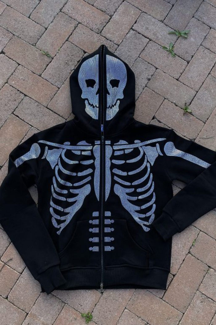 Y2K Gothic Rhinestone Skull Zip Unisex Hoodie
