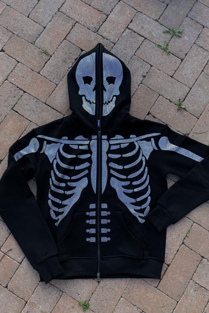 Y2K Gothic Rhinestone Skull Zip Unisex Hoodie