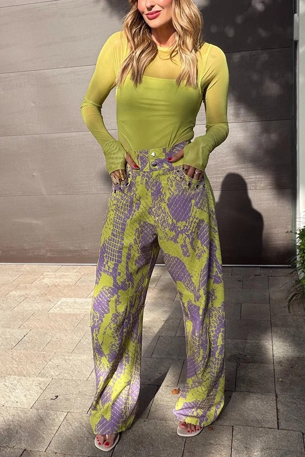 Free Moment Animal Print Metal Ring Design Pocket Wide Leg Pants