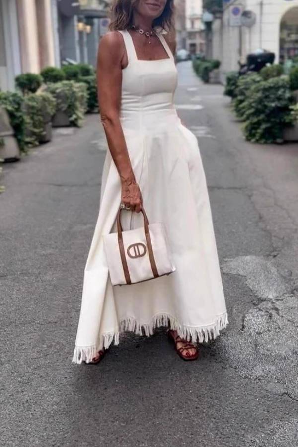 Halter Square Neck Side Button Fringe Flare Maxi Dress